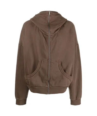 Entire Studios Zip Up Cotton Sweatshirt Hooded Kangaroo Pocket In Brown