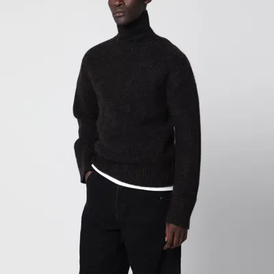 Entire Studios High Neck Zip Sweater In Ribbed Wool Blend In Brown