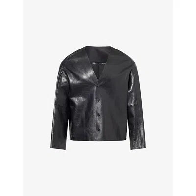Entire Studios Mens Black Leather Minimal V-neck Leather Jacket