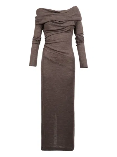 Entire Studios Off-shoulder Draped Wool Maxi Dress In Brown