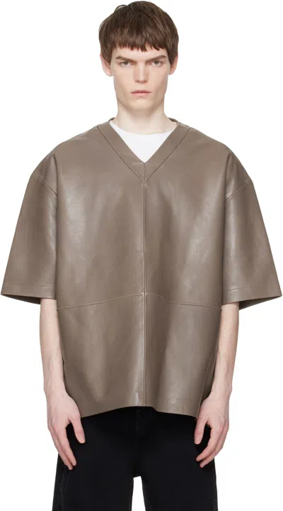 Entire Studios Taupe V-neck Leather T-shirt In Brown
