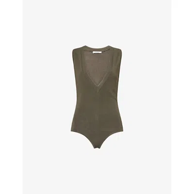 Entire Studios Womens Deep V-neck Sleeveless Knitted Bodysuit Moss Xs In Green