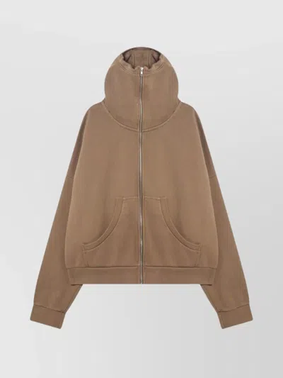 Entire Studios Zip Up Cotton Sweatshirt Hooded Kangaroo Pocket In Brown