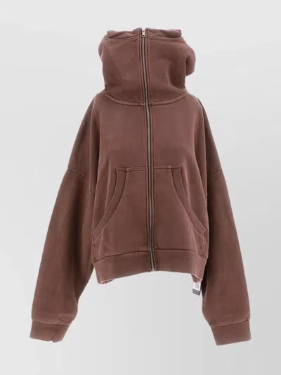 Entire Studios Zippered Hoodie With Front Pockets And Ribbed Finish In Brown