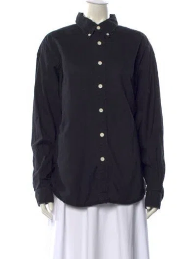 Pre-owned Entireworld Mock Neck Long Sleeve Button-up Top In Blue