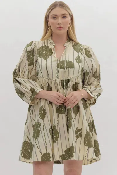 Entro Abbigail Curve Floral Printed V-neck Mini Dress In Green Multi