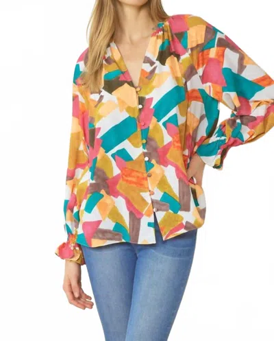 Entro Abstract Button Down Blouse In Fuchsia Mix In Multi