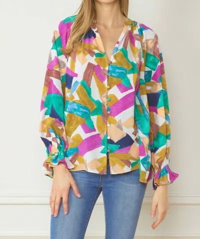 Entro Abstract Button Down Blouse In Orchid Mix In Multi