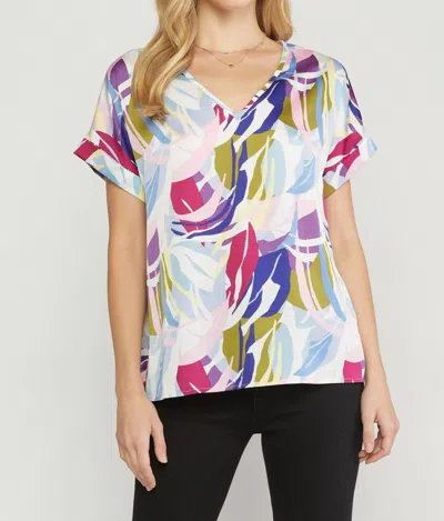 Entro Abstract Double V-neck Top In Multi In Blue