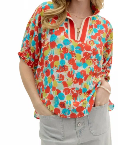 Entro Abstract Print Dolman Sleeve Pullover Top In Red In Multi