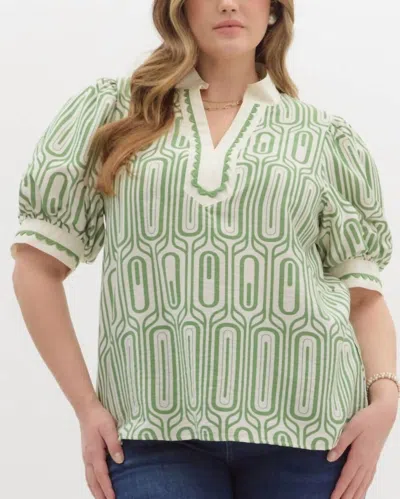 Entro Abstract Print High Neck Pullover Top - Plus In Olive In Green