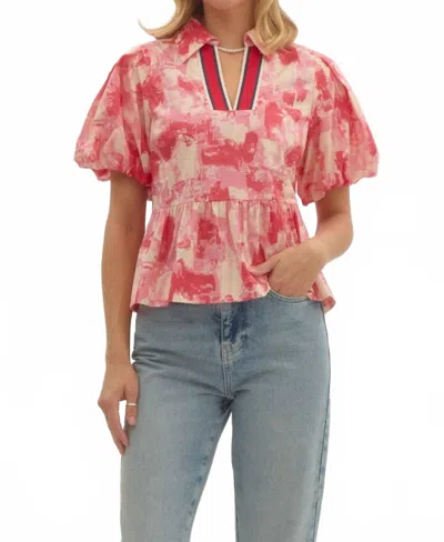 Entro Abstract Print Top In Pink In Red