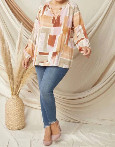 Entro Flutter Sleeve V Neck Blouse In Multi In Brown