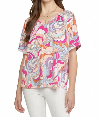Entro Abstract V-neck Top In Pink In Multi