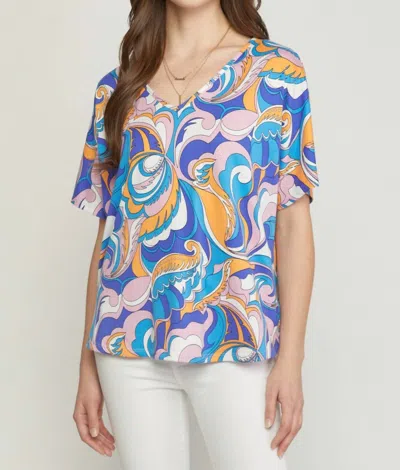 Entro Abstract V-neck Top In Blue In Multi