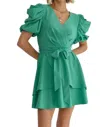 Entro Agatha Surplice Ruched Sleeve Tiered Mini Dress In Fern In Grey
