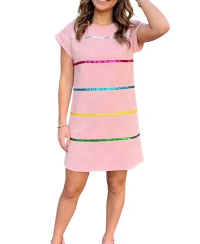 Entro Angel Cap Sleeve Trim Embellished Dress In Pink