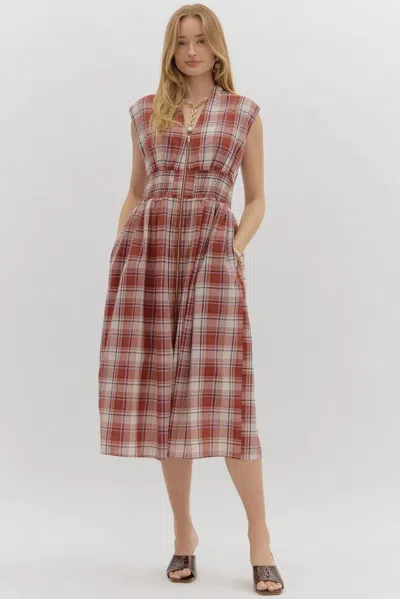 Entro Autumn Tide Smocked Dress In Red Rust In Multi