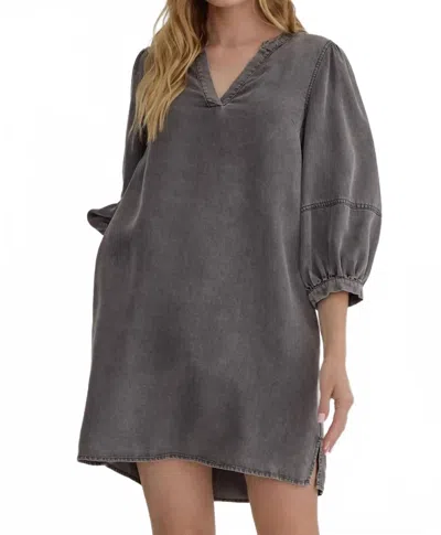 Entro Balloon Sleeve V-neck Denim Dress In Washed Black In Gray