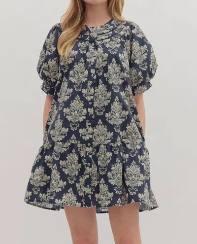 Entro Baroque Print Mini Dress In Navy Blue