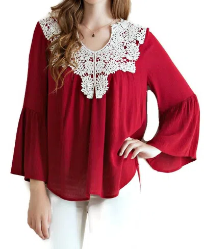 Entro Bell Sleeve Crochet Top In Burgundy In White