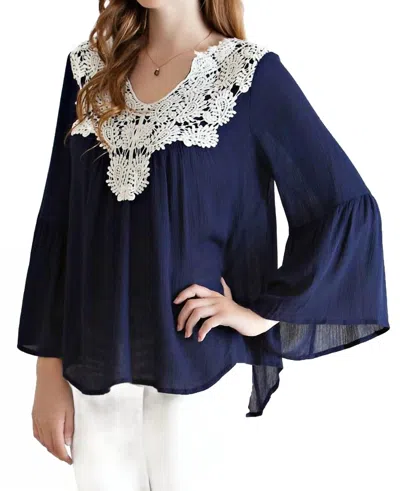 Entro Bell Sleeve Crochet Top In Navy In Blue