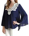 Entro Bell Sleeve Crochet Top In Navy In Blue
