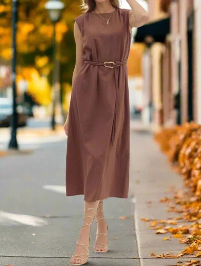 Entro Belted Midi Dress With Accent Fastener In Espresso In Brown