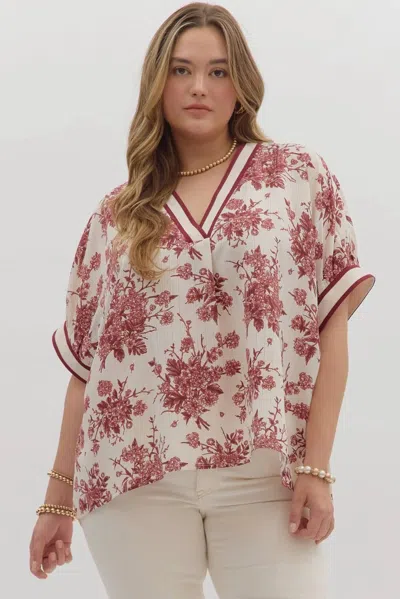 Entro Benson Curve Banded Stripe Oversized Dolman Blouse In Cream Burgundy In Multi