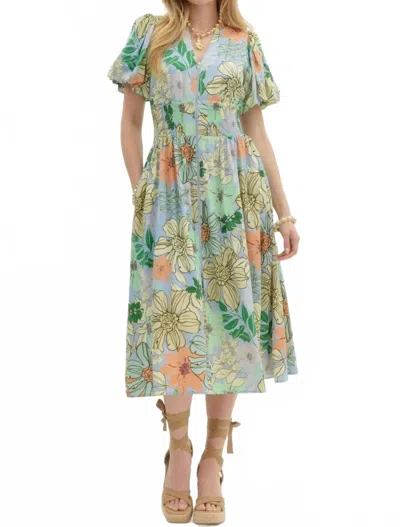 Entro Big Florals Midi Dress In Light Blue In Green