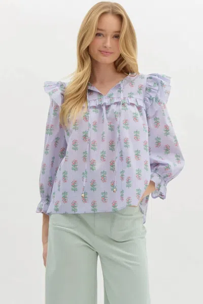 Entro Blossom Ruffle Shoulder Blouse In Blue Floral In Gray