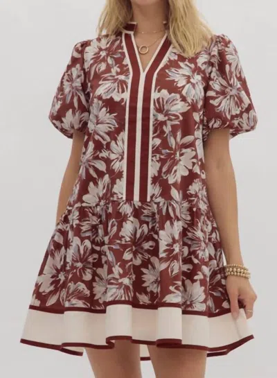 Entro Blossoms Puff Sleeves Dress In Burgundy In Multi