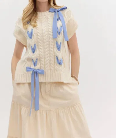 Entro Blue Ribbon Short Sleeve Sweater In Beige