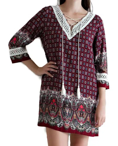 Entro Border Print Lace Up Tassel Tie Dress In Burgundy