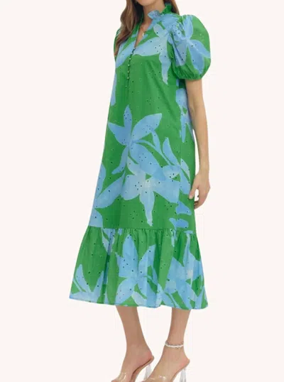 Entro Botanical Cotton Midi Dress In Green