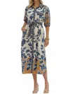 Entro Botanical Three Fourth Sleeve Midi Shirt Dress In Slate Blue In Blue