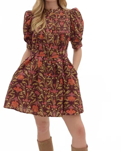 Entro Botanical Print Mini Dress In Burgundy In White