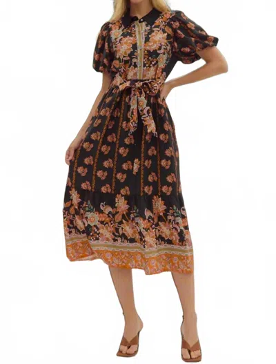 Entro Botanical Print Puff Sleeve Midi Dress In Black In Brown