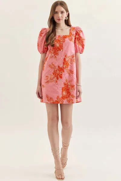 Entro Botanical Print Puff Sleeve Mini Dress In Pink