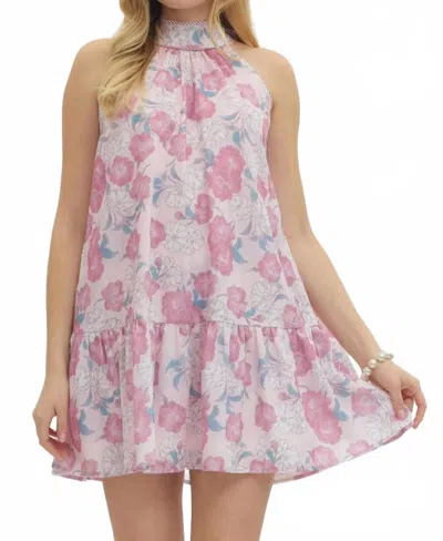 Entro Botanical Printed Halter Tied Mini Dress In Pink