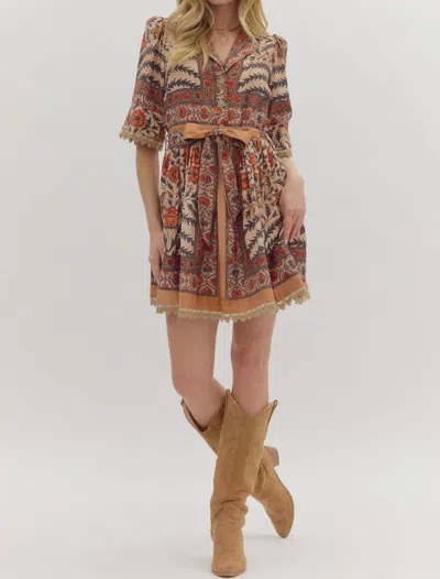 Entro Botanical Puff Sleeve Mini Dress In Charcoal In Brown
