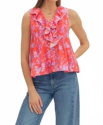 Entro Botanical Ruffle V Neck Top In Red Pink