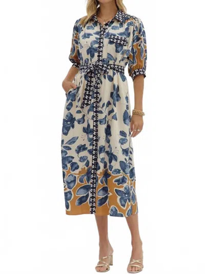 Entro Botanical Three Fourth Sleeve Midi Shirt Dress In Slate Blue