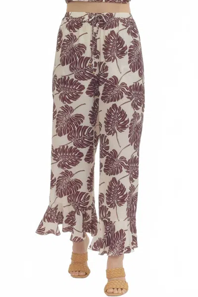 Entro Botanical Wide Leg Ruffled Pants In Brown