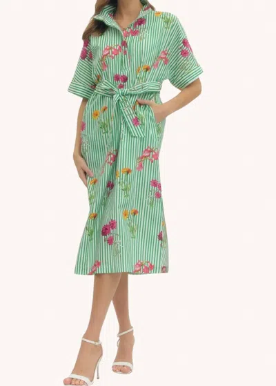 Entro Bouquet Stripe Cotton Midi Shirt Dress In Green Multi