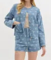 Entro Bow Pattern Denim Jacket In Light Blue In Blue