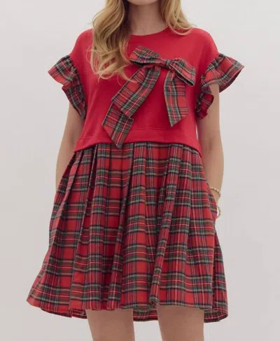 Entro Bow Plaid Dress In Red In Multi