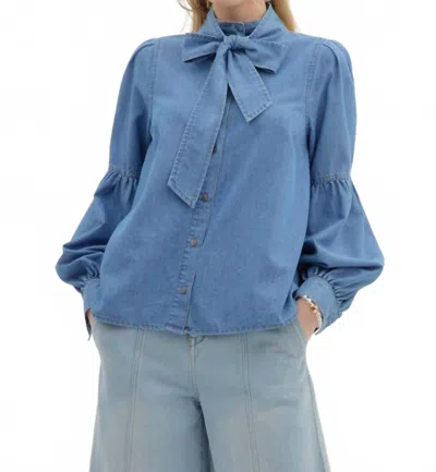 Entro Bow Tie Blouse With Ruched Long Sleeves In Light Denim In Blue