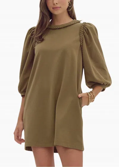 Entro Braided Puff Sleeves Dress In Olive In Green