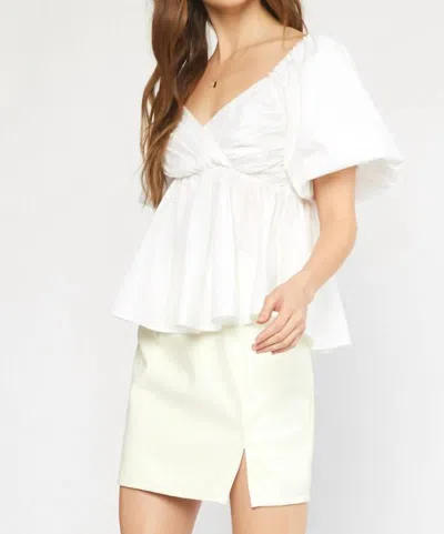Entro Bubble Sleeve Peplum V-neck Top In Off White